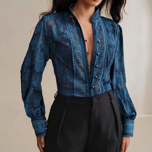 Navy Blue Sheer Floral Blouse with Lace Trim – Size L - Picture 2 of 4